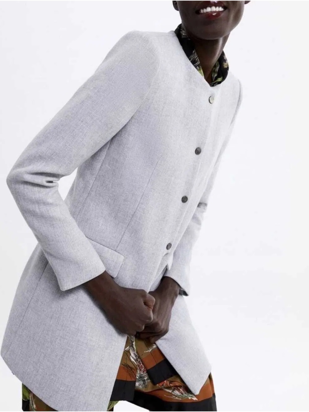 Zara Collarless Tailored Blazer Coat Light Grey